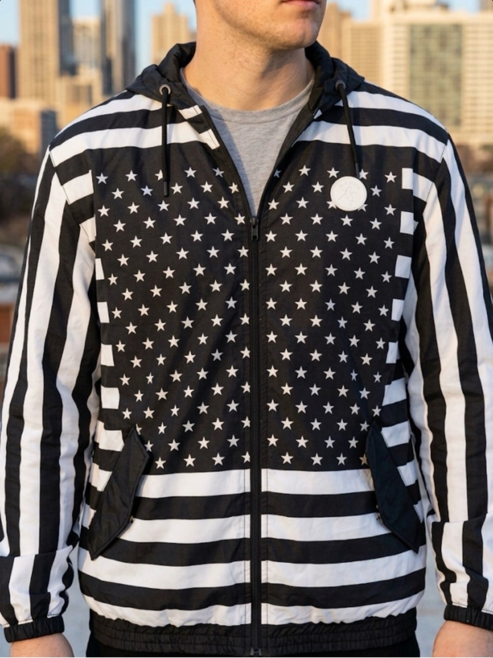 Presidential Fits Flag Windbreaker Jacket Mens Large L Black White Stars Stripes